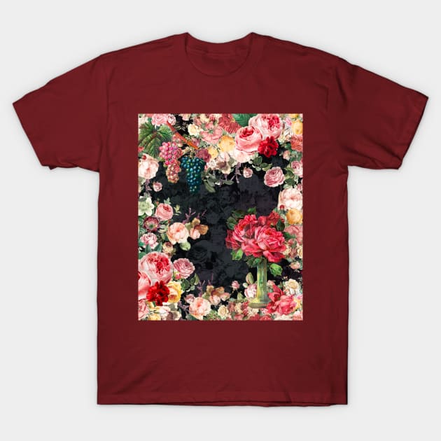 Elegant Vintage flowers and roses garden shabby chic, vintage botanical, pink floral pattern black artwork over a T-Shirt by Zeinab taha